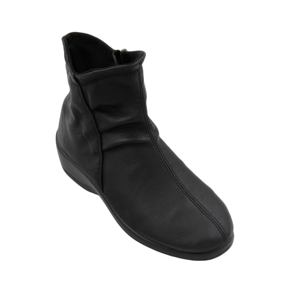 An ARCOPEDICO Arcopedico Paluma Black ankle travel boot in black leather features a low heel, Twin Arch Support, and a side zipper, shown against a white background.