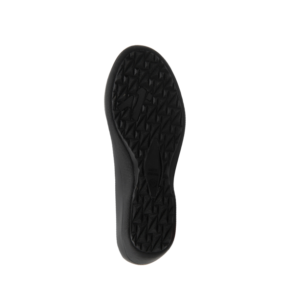 Black Arcopedico Paluma shoe by ARCOPEDICO, shown from the bottom on a white background, highlighting its textured rubber sole with geometric triangle pattern—ideal for versatile travel and those seeking reliable Twin Arch Support.