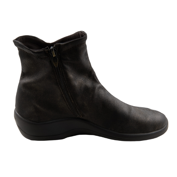 The Arcopedico Womens Paluma Bronze by ARCOPEDICO is a bronze ankle boot with arch support, side zipper, low wedge heel, and smooth leather finish, displayed in profile on a white background.