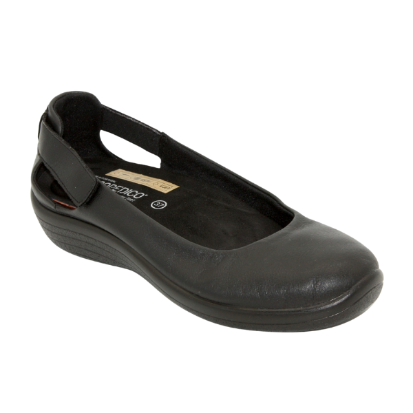 The Arcopedico Womens Jasmund Black is a vegan, closed-toe ballerina flat featuring a low heel, cut-out heel section, Twin Arch Support, and a supportive back strap for enhanced comfort.