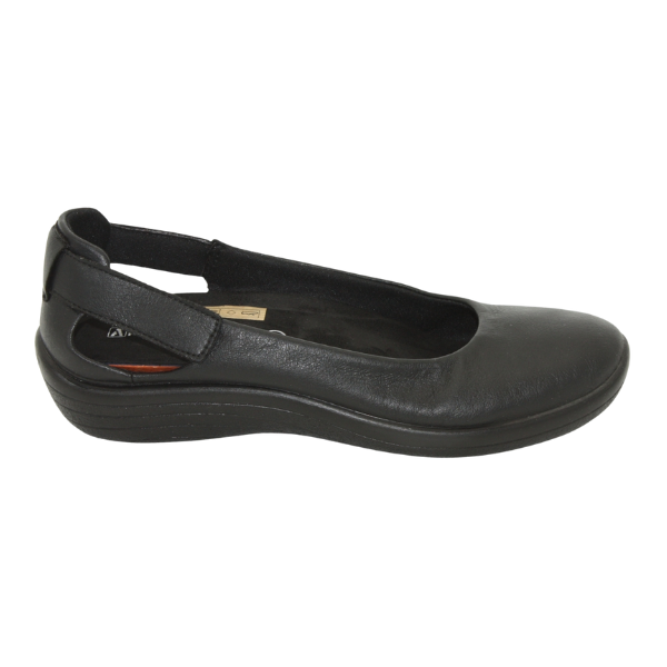 The ARCOPEDICO Womens Jasmund Black is a vegan ballerina flat with Twin Arch Support, a rounded toe, ankle strap, and low wedge heel, shown in black leather from a side view.