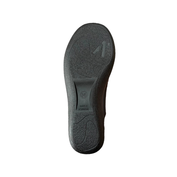 Black rubber sole with textured patterns and 38 plus MADE IN ROMANIA stamped in the center, shown on white background—designed for the ARCOPEDICO Womens Jasmund Black vegan ballerina flat with Twin Arch Support.