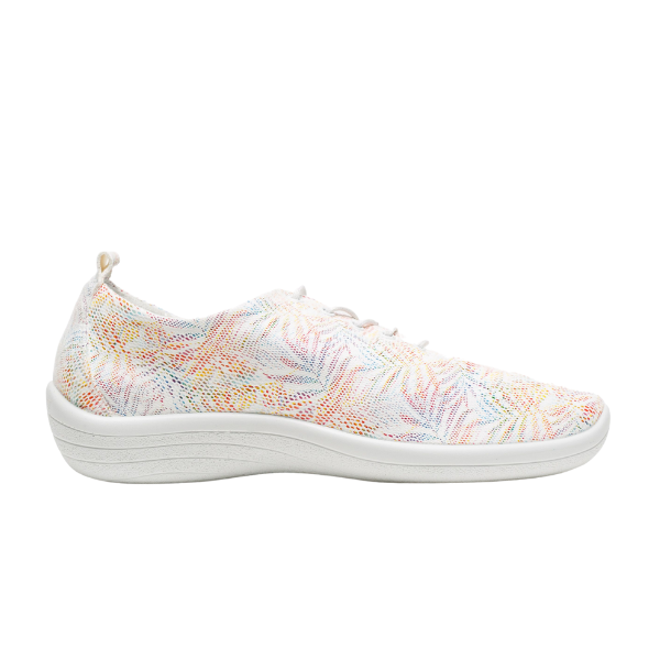 The ARCOPEDICO Womens Lanin White Multi is a white travel shoe with a pastel pattern, white sole, and Dual Arch Support, shown in side profile against a plain white background.
