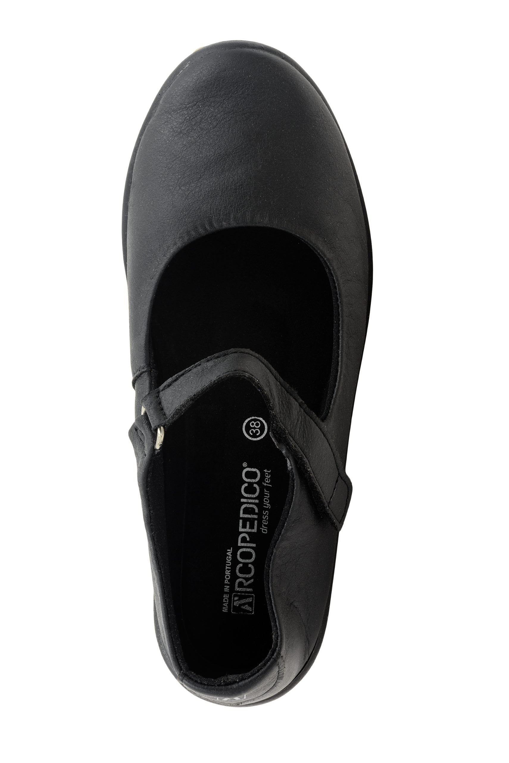 A top view of the Arcopedico Womens Thy Black Mary Jane shoe features a rounded toe and T-strap. The insole shows the ARCOPEDICO logo and size 38, highlighting these classic shoes renowned arch support.