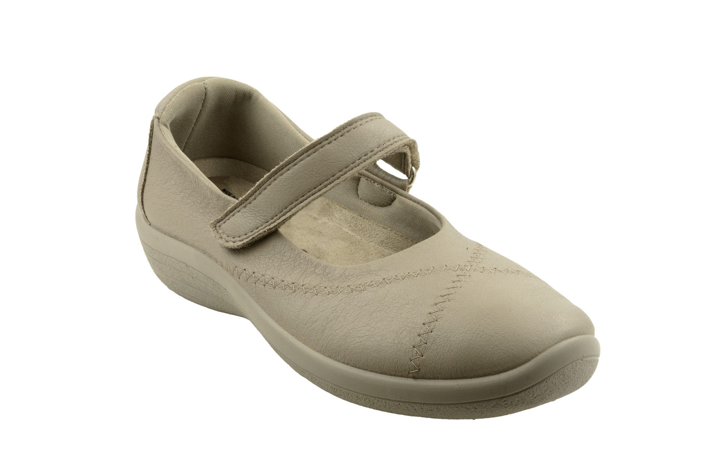 The ARCOPEDICO Womens Thy Taupe is a Mary Jane work shoe with a hook-and-loop strap, rounded toe, visible stitching, and comfort arch support on a leather upper.