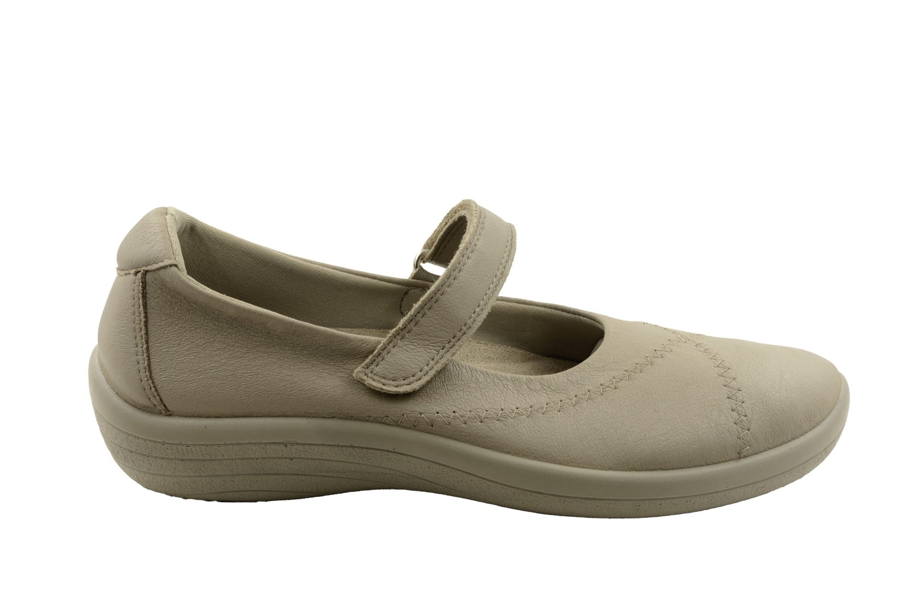 The ARCOPEDICO Womens Thy Taupe Mary Jane features a low cushioned sole, comfort arch support, Velcro strap, visible stitching, and a simple, comfortable design.