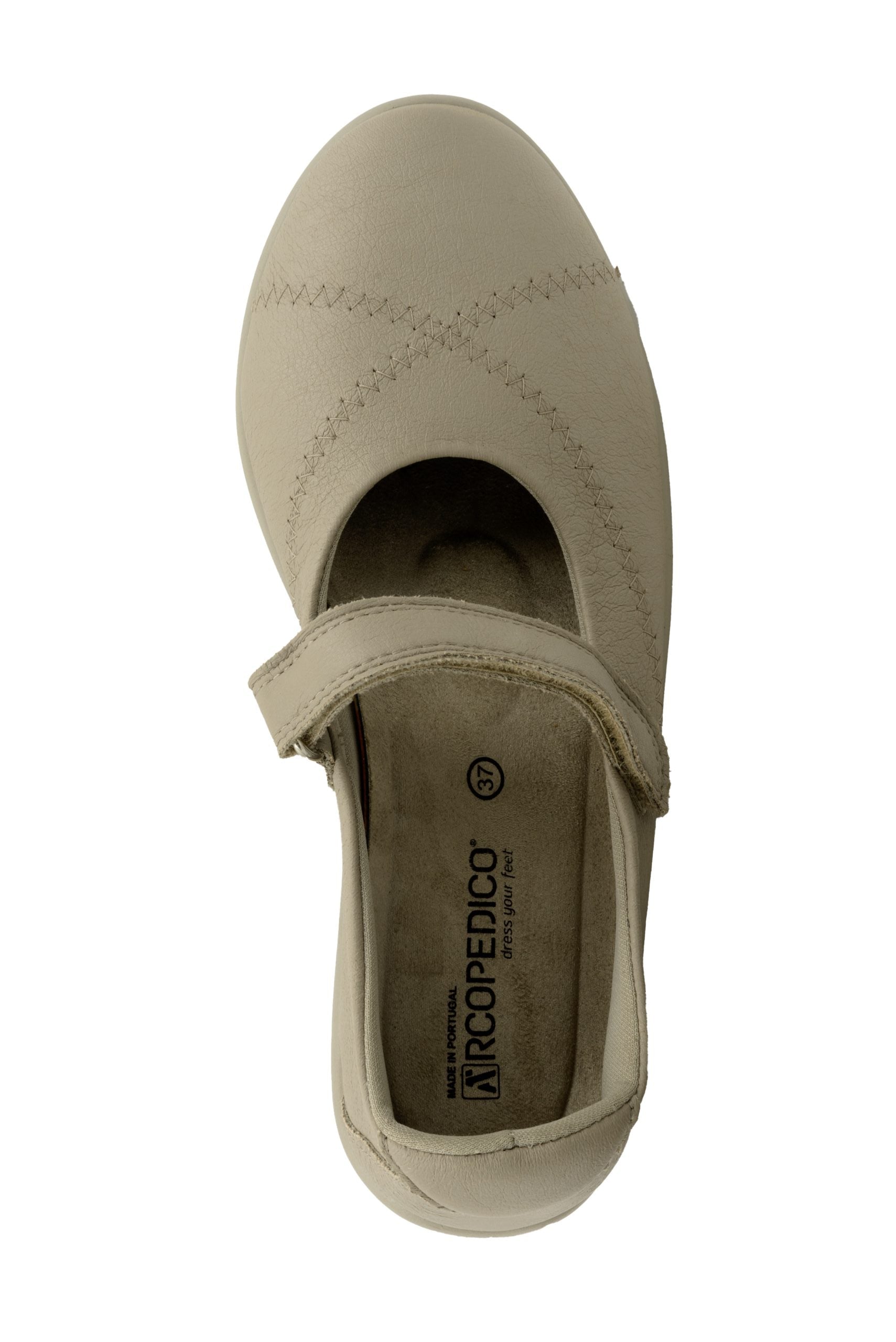 A top view of the Arcopedico Womens Thy Taupe shoe by ARCOPEDICO, featuring a rounded toe, comfort arch support, and hook-and-loop strap. The insole displays the brand name and size 37.