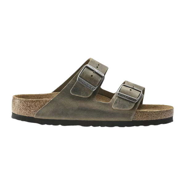 A single BIRKENSTOCK Mens Arizona Soft Footbed sandal in oiled leather faded khaki, featuring two adjustable buckles, cork footbed, and black sole, shown in side profile on a white background.