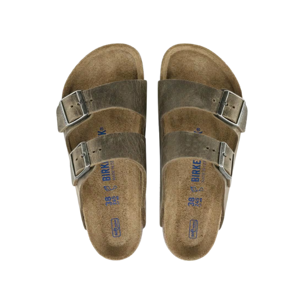 A pair of BIRKENSTOCK Mens Arizona Soft Footbed Oiled Leather Faded Khaki sandals with two adjustable buckle straps and cork footbeds are displayed side by side on a white background.