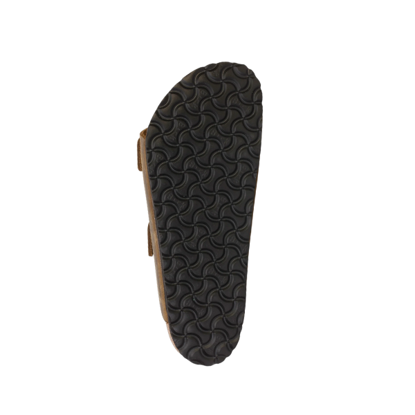 The image displays the sole of the BIRKENSTOCK Mens Arizona Soft Footbed Oiled Leather Faded Khaki sandal, featuring a wavy black pattern, placed sole up on a white background.