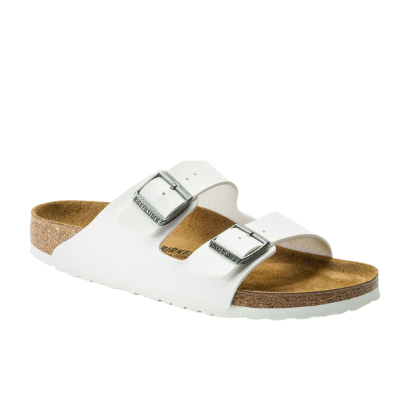 The BIRKENSTOCK Womens Arizona Birko-Flor White sandal features two adjustable buckle straps and a contoured cork footbed, displayed against a plain white background.