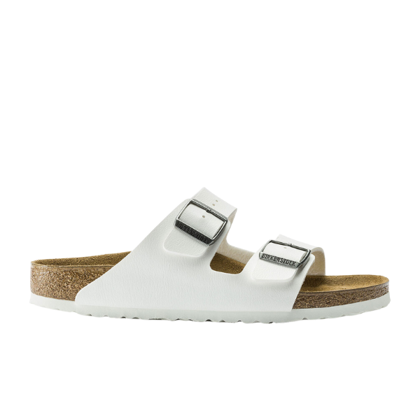 The Birkenstock Womens Arizona Birko-Flor White sandal features two adjustable buckle straps and a cork footbed, shown in a side view on a plain white background.