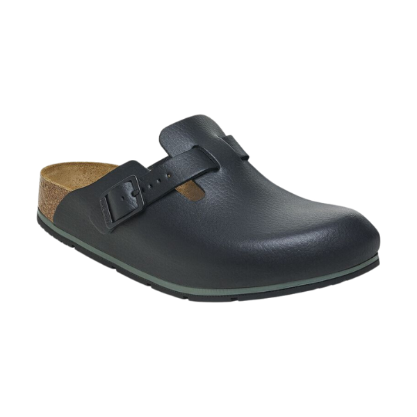 The BIRKENSTOCK Mens Boston Pro Leather Black is a single black leather clog with a side buckle, closed toe, cork footbed, and slip-resistant outsole.
