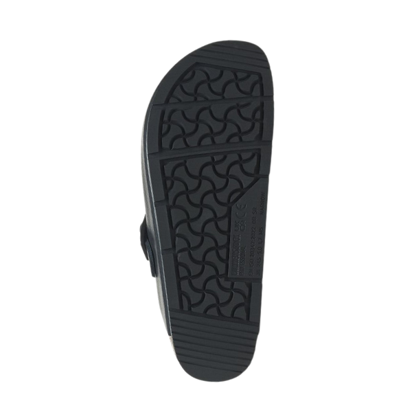 The image displays the black, slip-resistant outsole of the BIRKENSTOCK Mens Boston Pro Leather Black sandal, featuring a textured, wave-like tread and small stamped text near the arch, set against a plain white background.