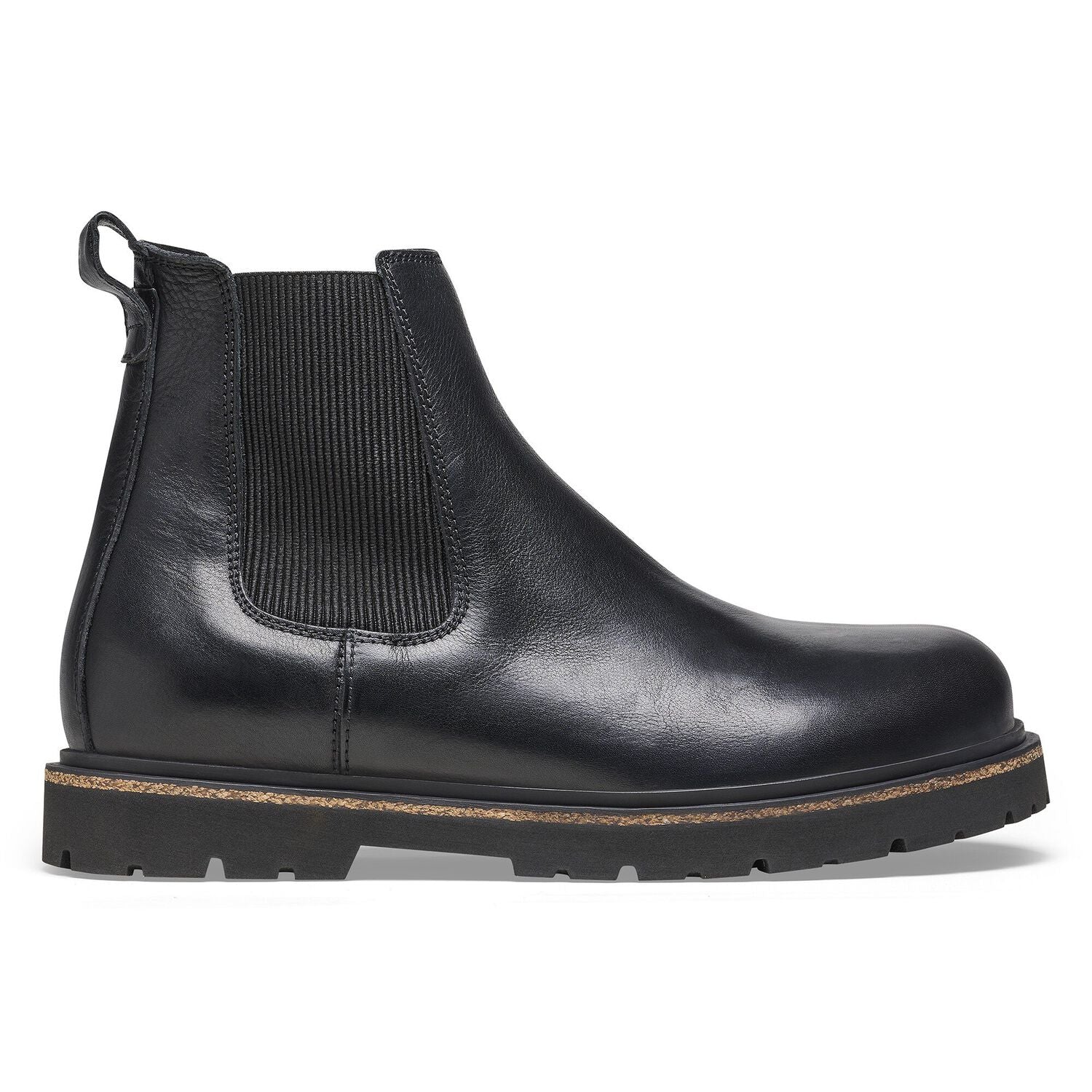 The Birkenstock Mens Highwood Slip On Black is a natural leather Chelsea boot with elastic side panels, a heel pull tab, visible stitching above the thick rubber sole, and features BIRKENSTOCK’s Deep Blue Footbed for added comfort.