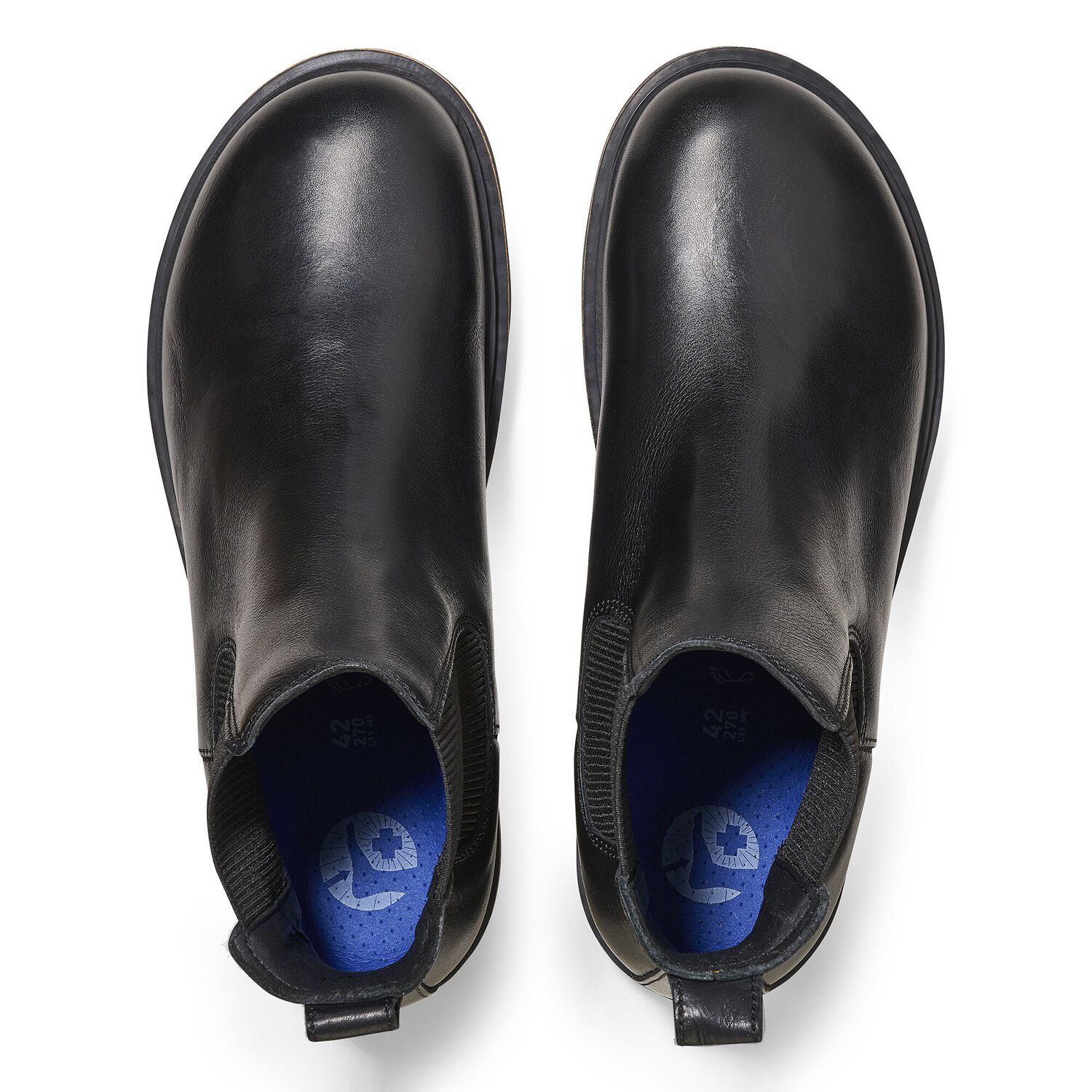 A top-down view of BIRKENSTOCK Mens Highwood Slip On Black boots, featuring Deep Blue Footbed insoles, elastic side panels, back pull tabs, and crafted from natural leather.
