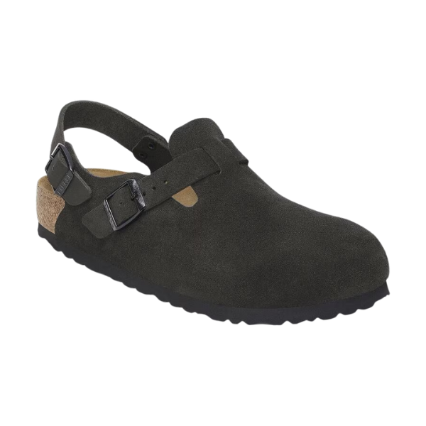 The BIRKENSTOCK Mens Tokio Suede Leather Black is a single black clog-style sandal with an open back, adjustable buckle strap, contoured footbed, and textured sole, shown on a white background.