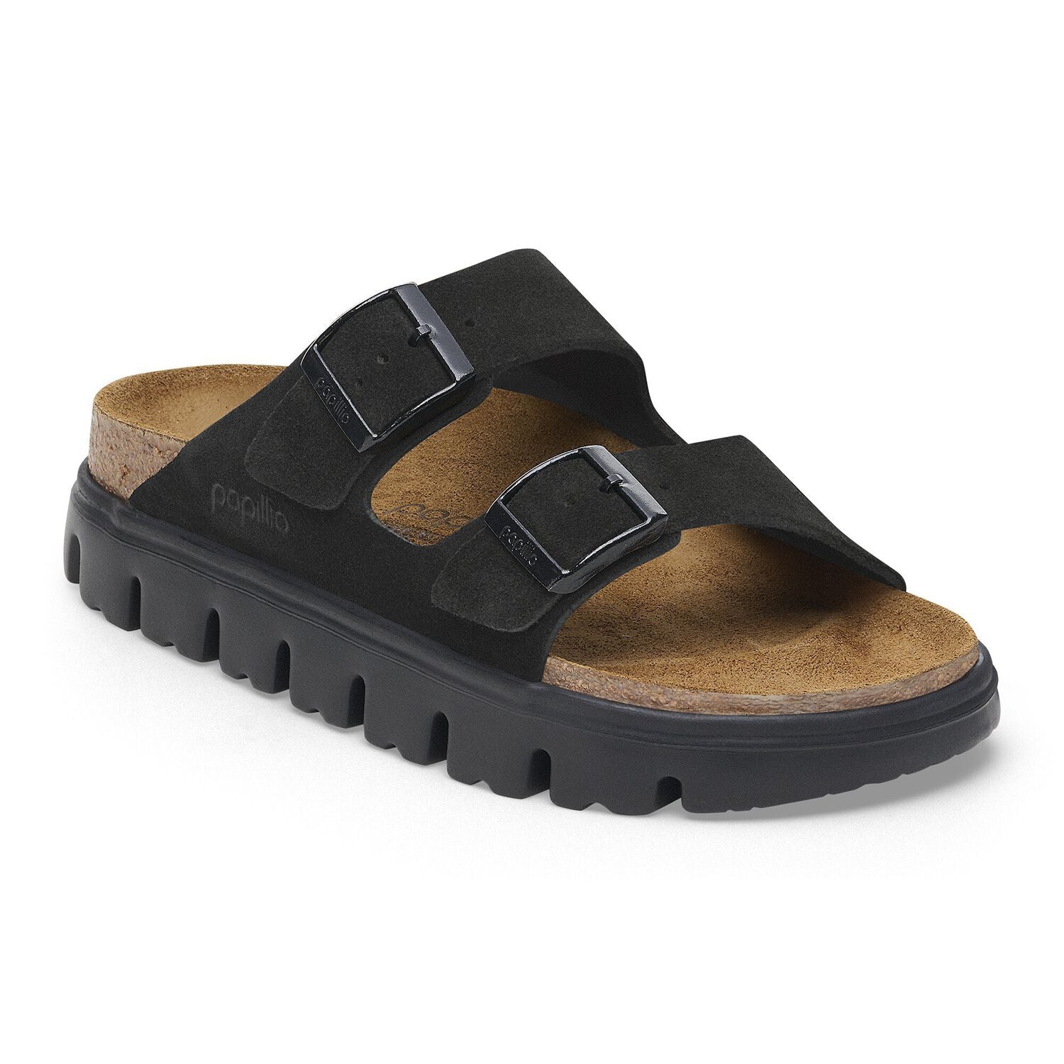 The BIRKENSTOCK Womens Arizona Platform Black sandal features two adjustable buckle straps, a contoured footbed, a tan insole, and a thick black grooved sole for stylish and comfortable casual wear.