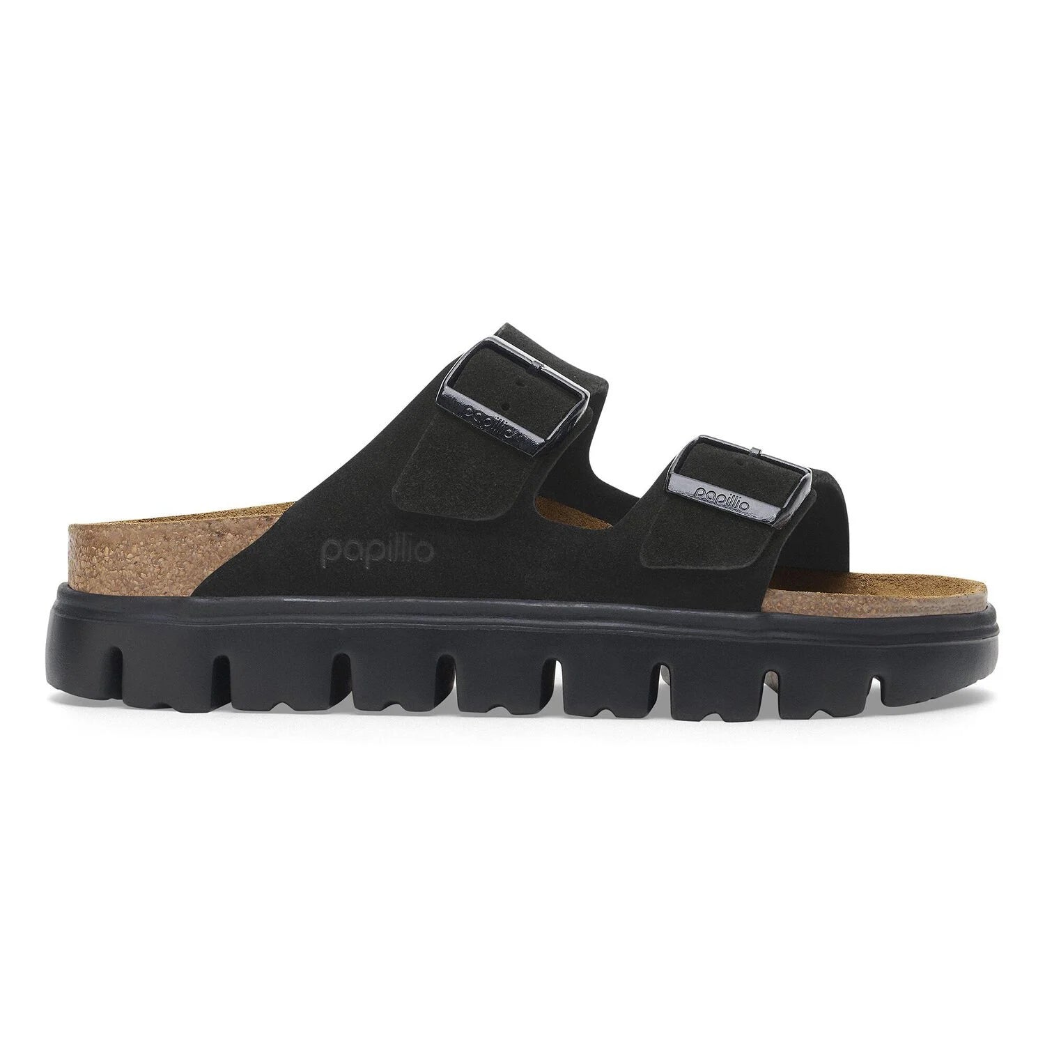 The BIRKENSTOCK Womens Arizona Platform Black sandal features two adjustable buckle straps, a cork contoured footbed, and a rugged black platform sole, shown from the side on a white background. Inspired by the classic Birkenstock design.