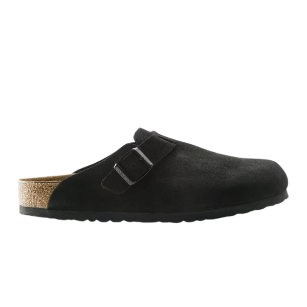 The Birkenstock Womens Boston Soft Footbed Suede Leather Black is a slip-on clog with a rounded toe, adjustable buckle strap, cork footbed, and rubber outsole by BIRKENSTOCK, shown in profile on a white background.