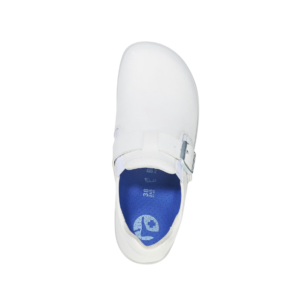 Top view of the Birkenstock Womens Caris Pro Leather White clog by BIRKENSTOCK, featuring a closed toe, silver buckle strap, Deep Blue Footbed with white logo/text, and slip-resistant outsole.