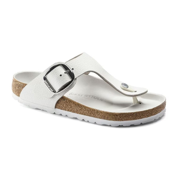 The BIRKENSTOCK Womens Gizeh Big Buckle Leather White sandal features a Wide oiled leather strap with a large silver buckle, cork footbed, and white textured sole.
