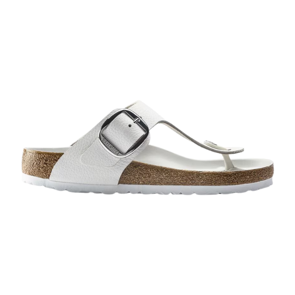 The BIRKENSTOCK Womens Gizeh Big Buckle Leather White sandal features a cork footbed, adjustable silver big buckle strap, and white rubber sole, shown from the side against a plain background.