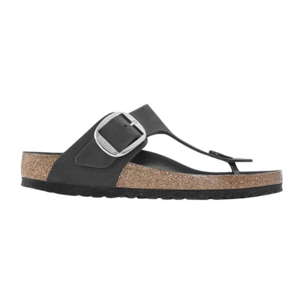 The BIRKENSTOCK Womens Gizeh Big Buckle Oiled Leather Black sandal features a cork footbed, large silver side buckle, black rubber sole, and oiled leather finish, shown in a side profile view.
