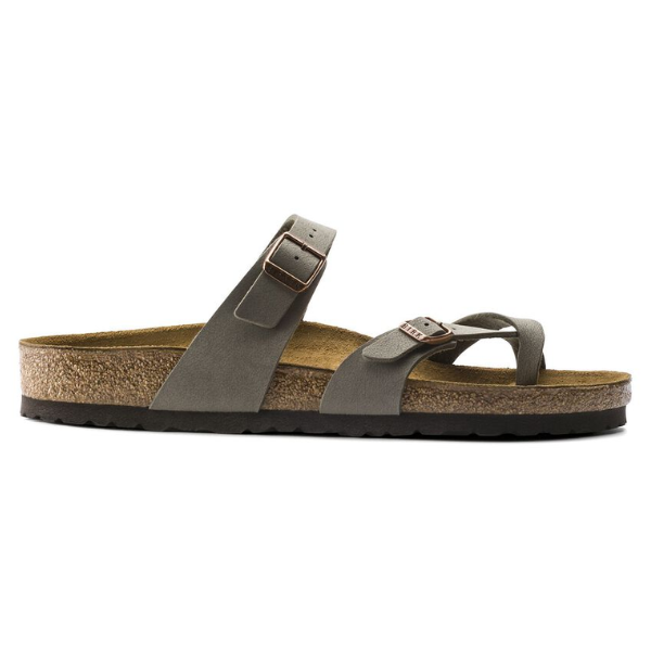 The Birkenstock Womens Mayari Stone sandal by BIRKENSTOCK features two adjustable buckle straps, a contoured footbed, cork midsole, and black textured sole—ideal for all-day comfort.