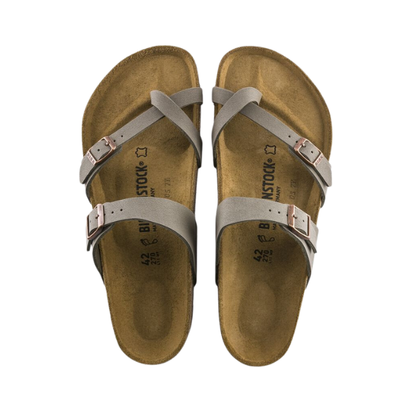The BIRKENSTOCK Womens Mayari Stone sandals feature light gray crisscross straps with buckles and a contoured footbed for comfort, shown from above on a white background.