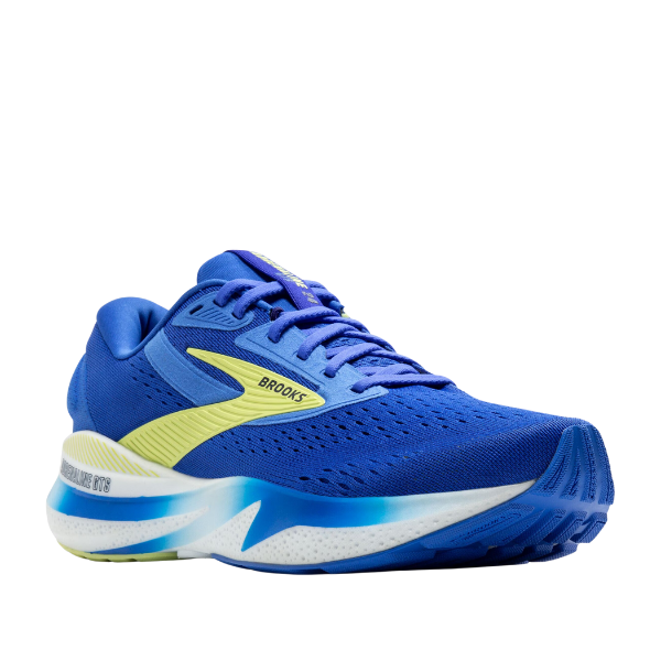 The BROOKS Mens Adrenaline GTS 24 Blue/White is an athletic running shoe featuring GuideRails® support, a cushioned sole with blue and white details, and a breathable mesh upper.