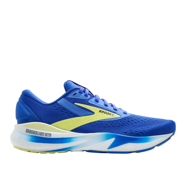 The Brooks Mens Adrenaline GTS 24 Blue/White features a blue mesh upper, white and blue sole, yellow accents, side BROOKS branding, breathable comfort, and GuideRails® support in a sleek athletic design.