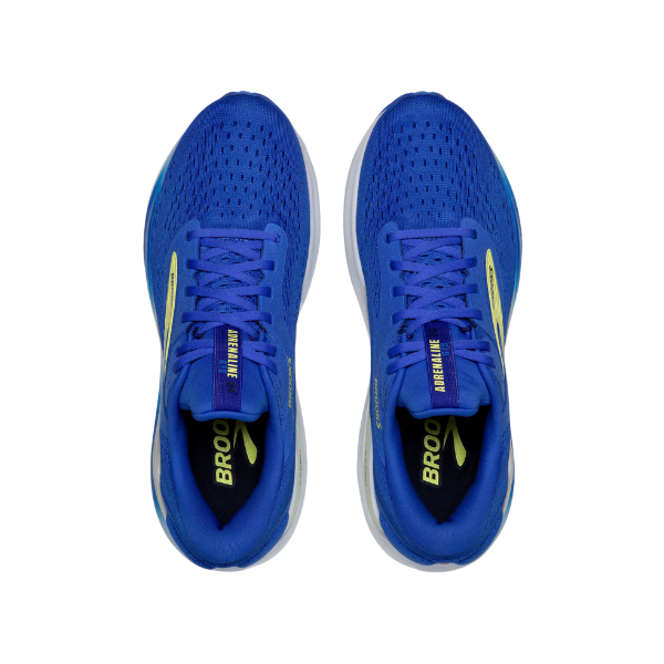 A pair of Brooks Mens Adrenaline GTS 24 running shoes in blue/white, seen from above, with breathable mesh uppers, yellow accents, and “BROOKS” on the insoles.