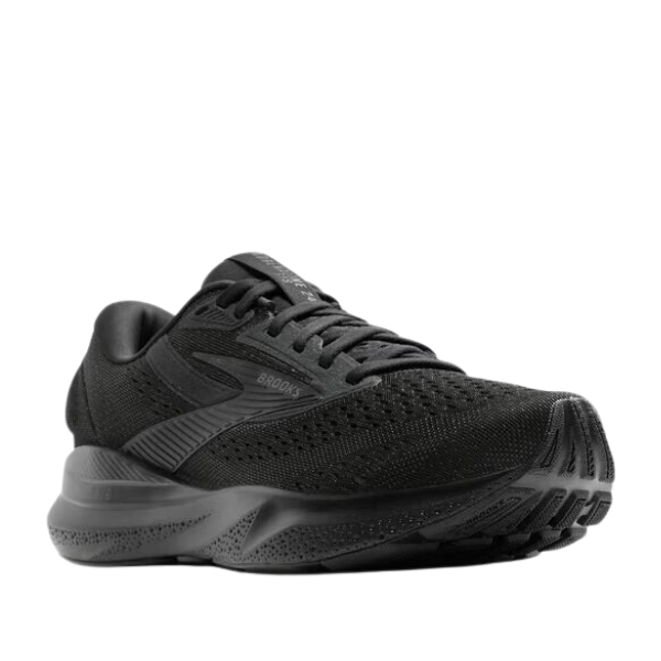 The BROOKS Mens Adrenaline GTS 24 Wide Black is an athletic running shoe featuring a breathable mesh upper, lace-up closure, cushioned sole, and textured tread for grip, displayed at a three-quarter angle on a white background.