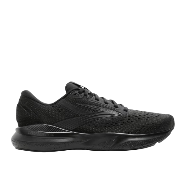 The BROOKS Mens Adrenaline GTS 24 Wide Black is a running shoe with a breathable mesh upper, thick cushioned sole, and subtle side logo, shown in side profile on a white background.