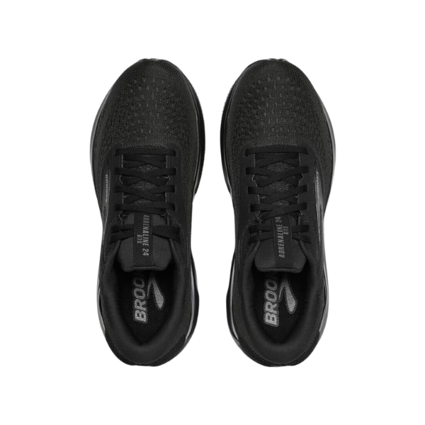 Top view of the BROOKS Mens Adrenaline GTS 24 Wide Black running shoes, featuring breathable mesh uppers and black laces, placed side by side on a white background.