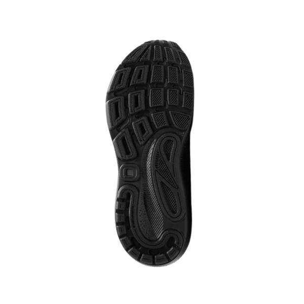 The Brooks Mens Adrenaline GTS 24 Wide Black sneaker by BROOKS features a black rubber sole with a textured tread for grip, shown from the bottom on a white background—designed for breathable comfort in running shoes.