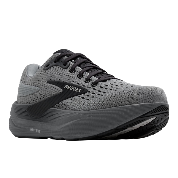 The BROOKS Men's Ghost Max 3 Wide Grey features a breathable mesh upper, black logo and laces, thick cushioned sole for foot pain relief and comfort—ideal wide-width running shoes—shown on a white background.