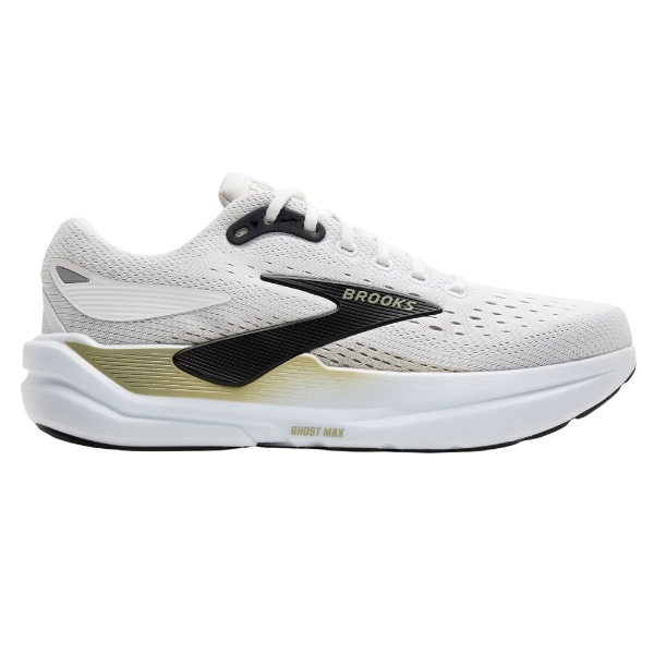 The BROOKS Men's Ghost Max 3 Wide White/Tea is a white running shoe with black and gold accents, breathable mesh upper, thick cushioned sole for plantar fasciitis relief, and the Brooks logo. “Brooks Ghost Max 3” appears on the midsole.