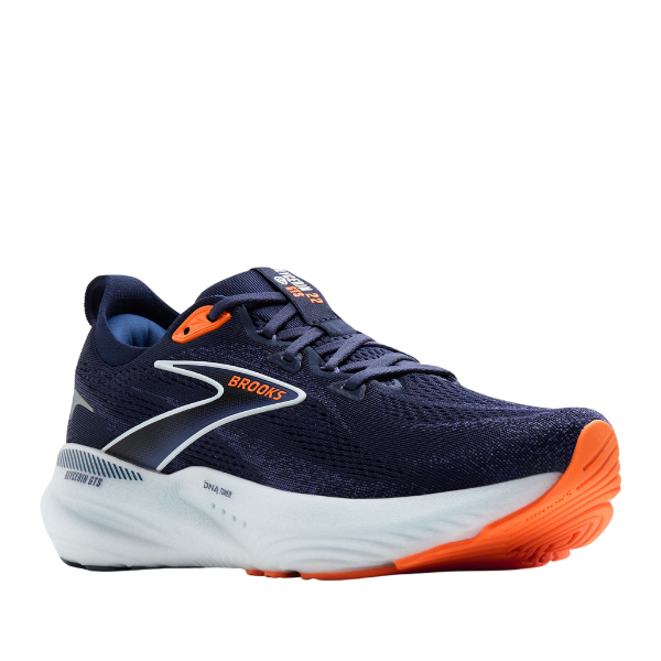 The Brooks Mens Glycerin GTS 22 Navy by BROOKS is a navy running shoe with white and orange accents, mesh upper, orange sole tip, cushioned white midsole for comfort, and is ideal for plantar fasciitis relief.