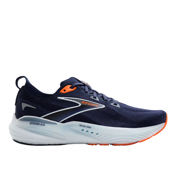 The Brooks Mens Glycerin GTS 22 Navy by BROOKS is a mens running shoe in navy blue with white and orange accents, featuring a white sole with an orange tip and the Brooks logo, designed for comfort and plantar fasciitis support.