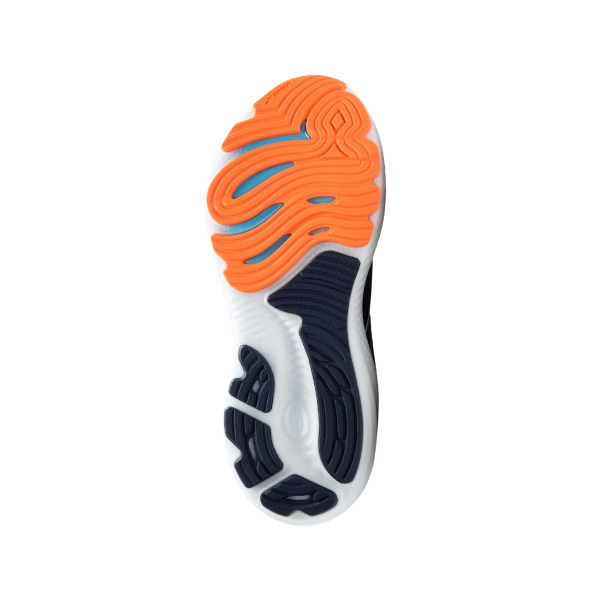 The image shows the sole of the Brooks Mens Glycerin GTS 22 Navy running shoe, featuring wavy orange, blue, and black rubber on white for grip and support—ideal for runners needing plantar fasciitis relief.