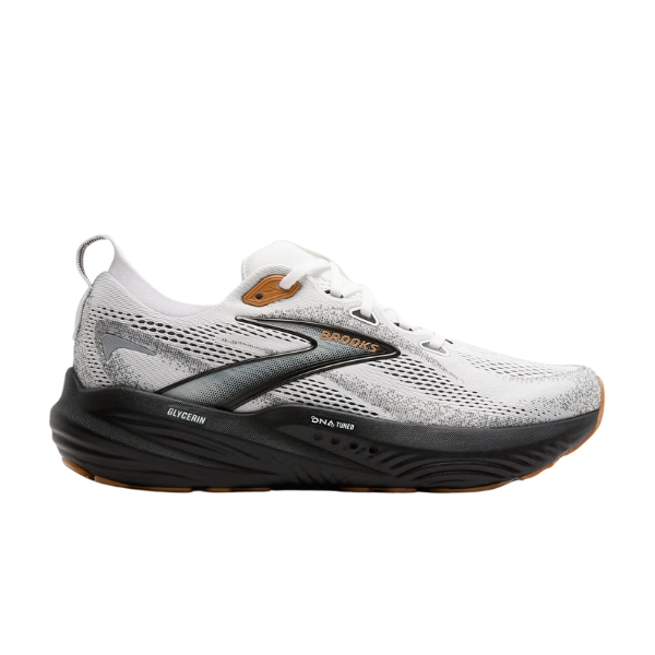 The Brooks Mens Glycerin GTS 22 in White/Grey/Black features a mesh upper, black and brown sole, black and gray accents, lace-up design, breathable lightweight build, Brooks branding, and nitrogen-infused cushioning for comfort.