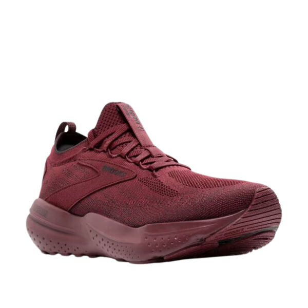 The Brooks Mens Glycerin Stealth Fit 21 Truffle/Black110421-699 by BROOKS features a maroon mesh upper, thick rubber sole, and lace-up design for comfort and foot pain relief, shown on a white background.