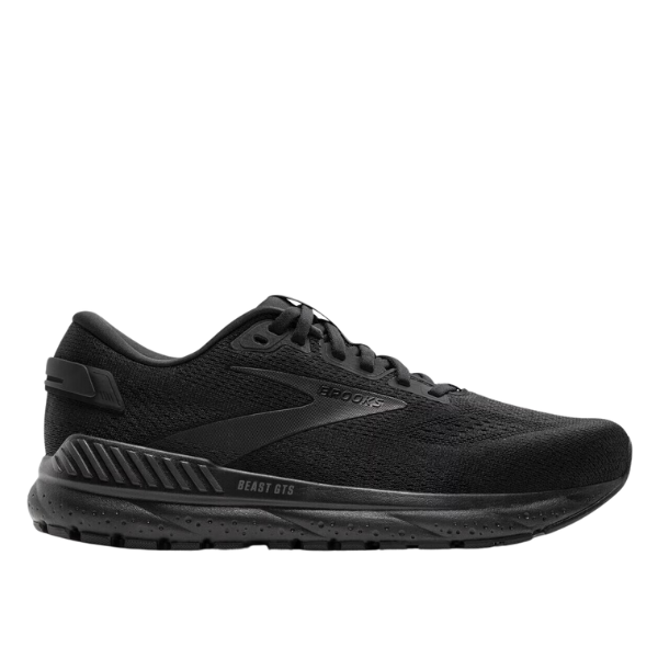 The BROOKS Mens Beast GTS 24 Wide Black is a black running shoe with a mesh upper, lace-up closure, cushioned sole, and GuideRails® support for maximum stability—ideal for both sports and casual wear.