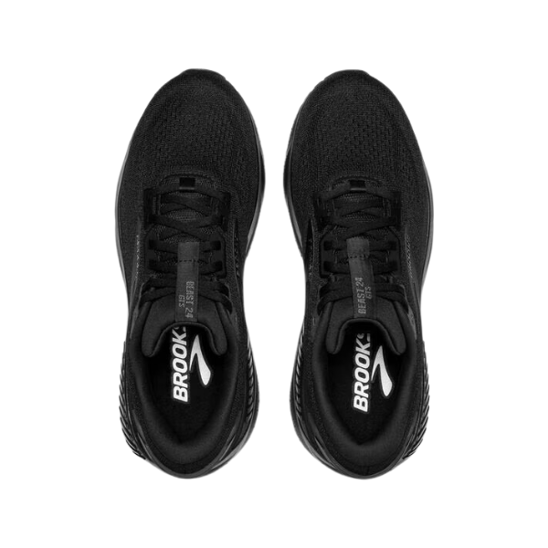 Top view of Brooks Mens Beast GTS 24 Wide Black running shoes with black laces and white BROOKS branding on the insoles, featuring GuideRails® support system, positioned side by side on a white background.