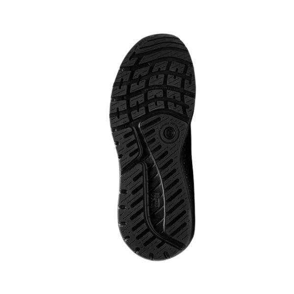 The BROOKS Mens Beast GTS 24 Wide Black features a textured black sole with patterned tread for grip and durability, plus the GuideRails® support system for maximum stability. Displayed on a white background.