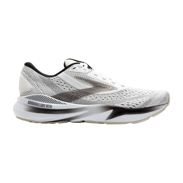 The Brooks Womens Adrenaline GTS 24 White/Black features a breathable mesh upper, cushioned sole, subtle gradient gray accents, lace-up closure for a secure fit, and GuideRails support—all shown in a side profile.