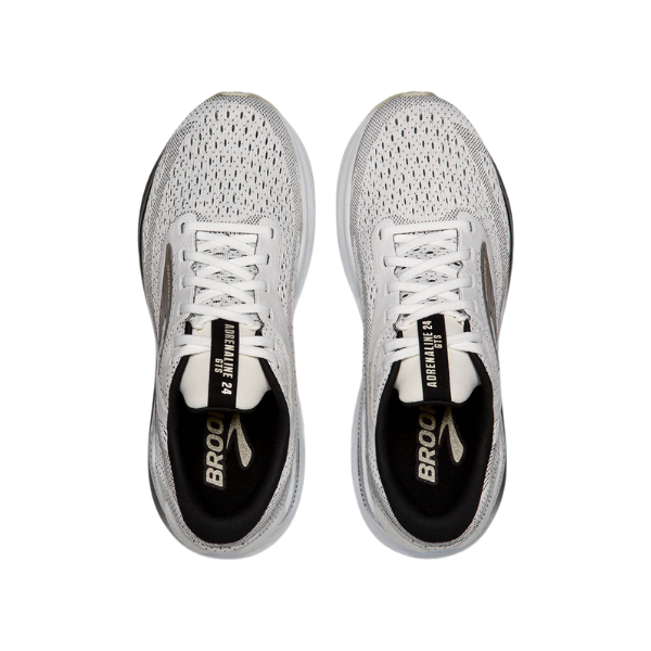 Top view of Brooks Womens Adrenaline GTS 24 running shoes in white and black, featuring breathable mesh uppers and insoles labeled “BROOKS.”.