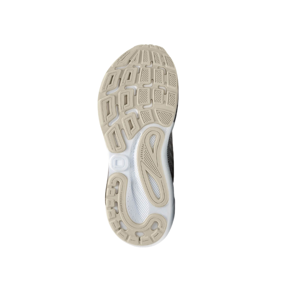 The image displays the sole of the Brooks Womens Adrenaline GTS 24 White/Black running shoe, showing beige and white textured grip patterns. Designed with GuideRails Support by BROOKS, it is photographed from the bottom on a plain white background.